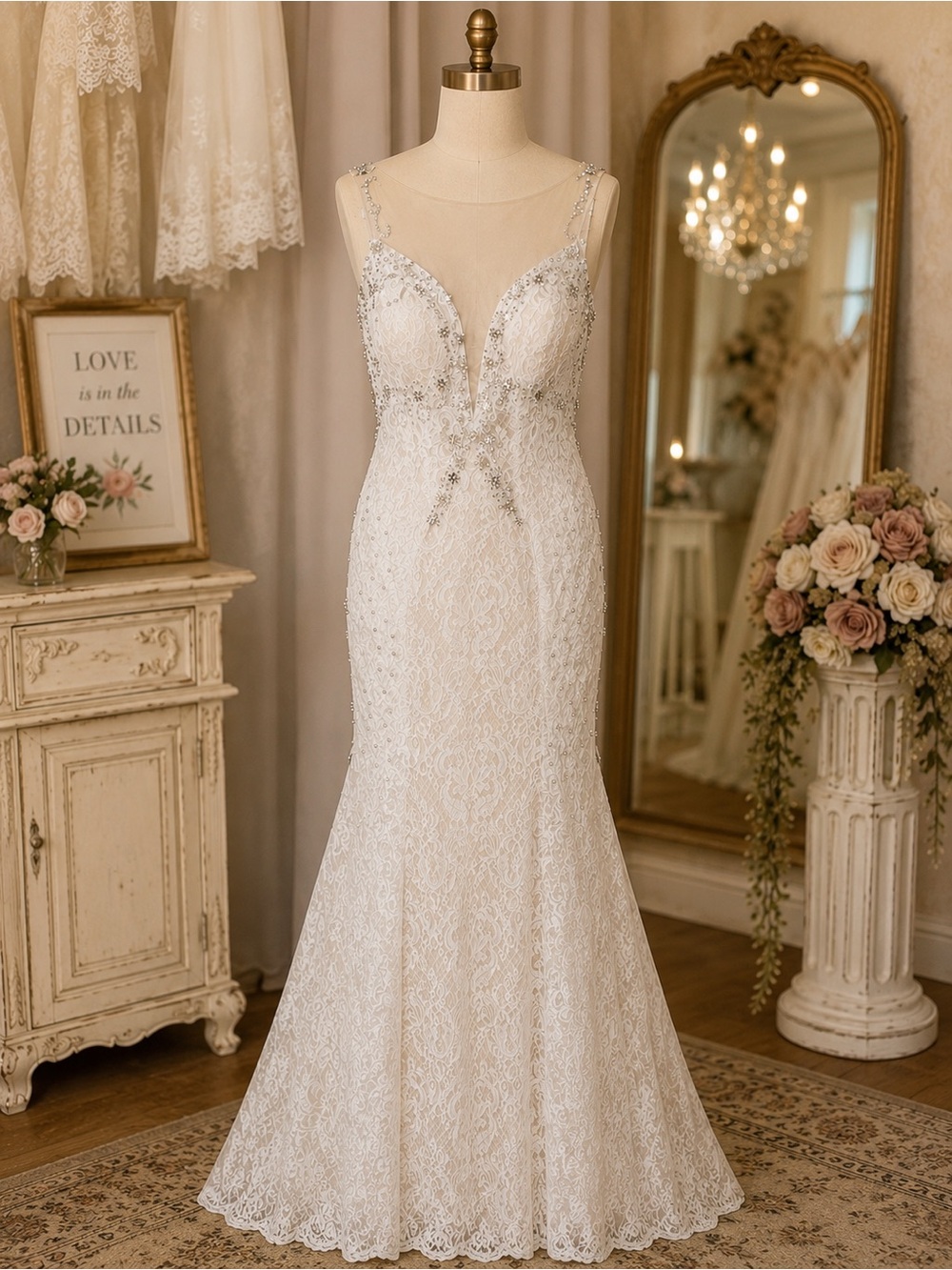 Ivory Lace Mermaid Wedding Dress with Beaded Illusion, Size 8